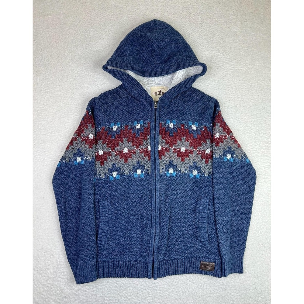 Hollister Sweater Women's Small Blue‎ Full Zip Hooded Sherpa Lined Fair Isle